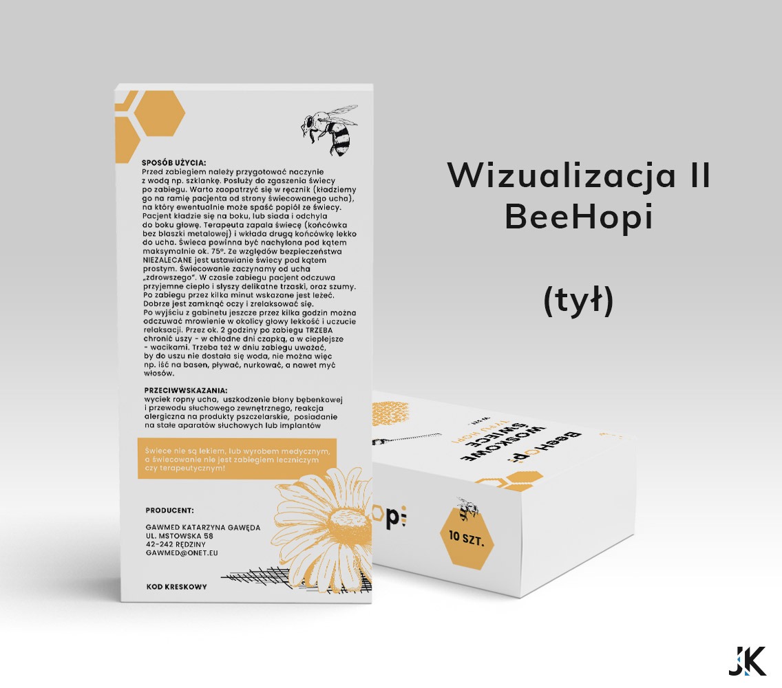 Wizualizacja opakowania świec woskowych do świecowania uszu BeeHopi, widok od tyłu, z informacją o sposobie użycia, przeciwwskazaniach i danych producenta.