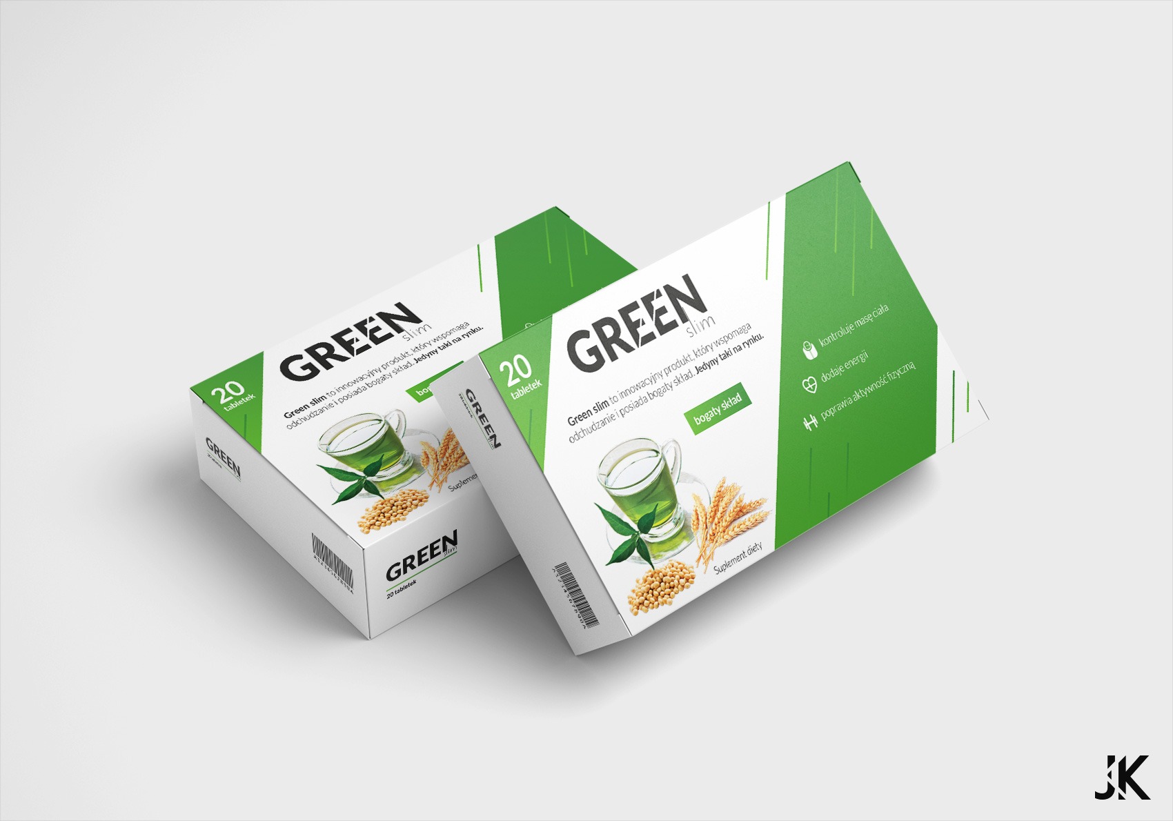 Dwa opakowania suplementu diety Green Slim, prezentujące logo, składniki (zielony napój, ziarna) i obietnice (kontrola wagi, energia, aktywność fizyczna) na białym tle.