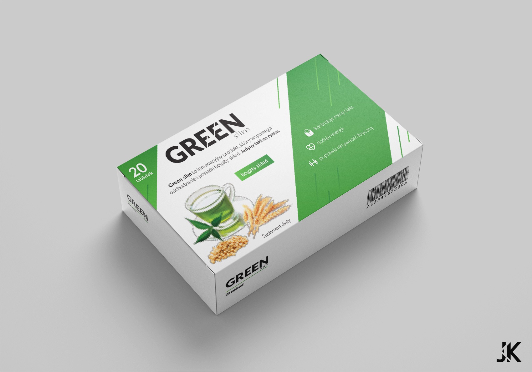 Pudełko suplementu diety 'Green Slim' z grafiką zielonej herbaty i informacją o bogatym składzie, kontroli masy ciała, dodawaniu energii i poprawie aktywności fizycznej.