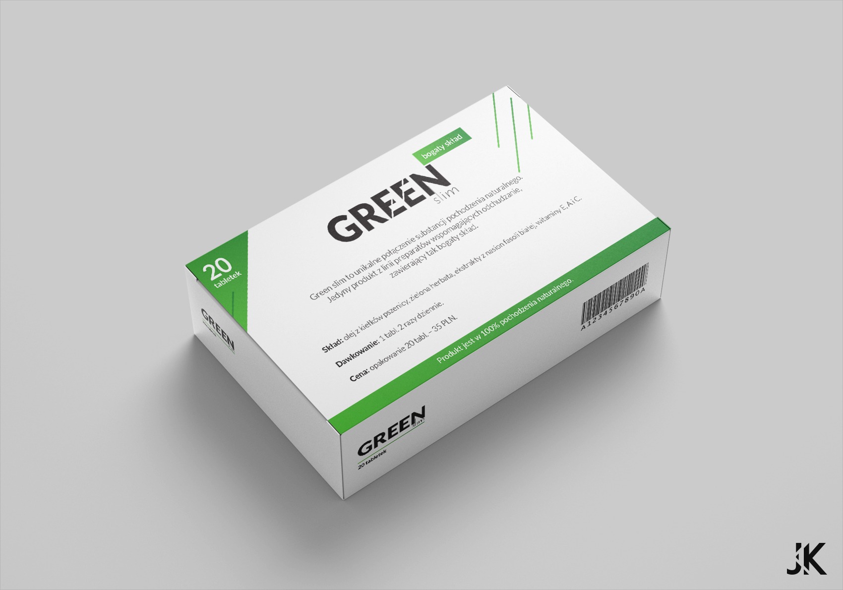 Grafika opakowania suplementu diety Green Slim z informacjami o składzie i dawkowaniu, prezentowana na białym tle.