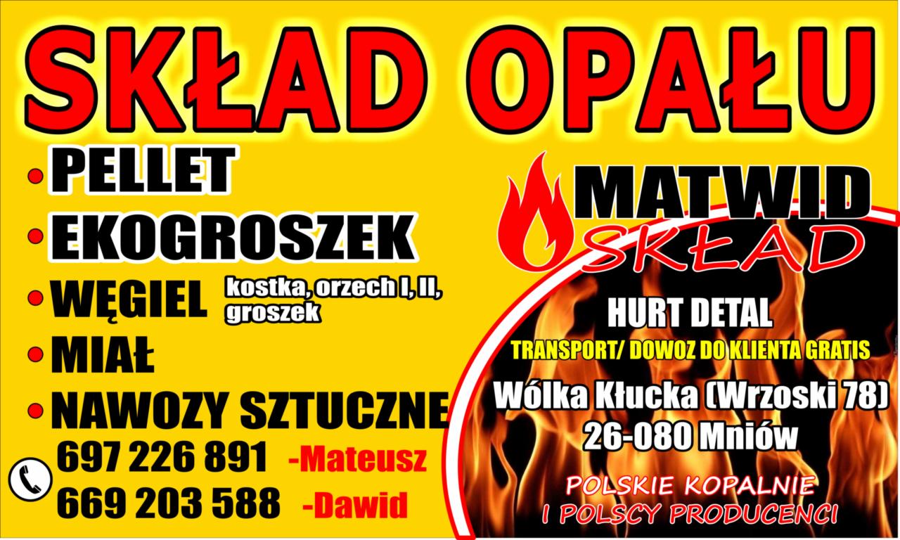 Żółto-czarny baner reklamowy składu opału oferującego pellet, ekogroszek, węgiel, miał i nawozy sztuczne, z numerami telefonów kontaktowych i adresem firmy.