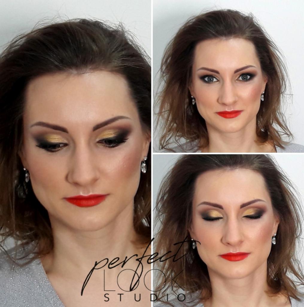 Kolaż portretowy kobiety z intensywnym, wieczorowym w złoto-brązowej tonacji oraz czerwoną pomadką, widoczne kryształowe kolczyki.