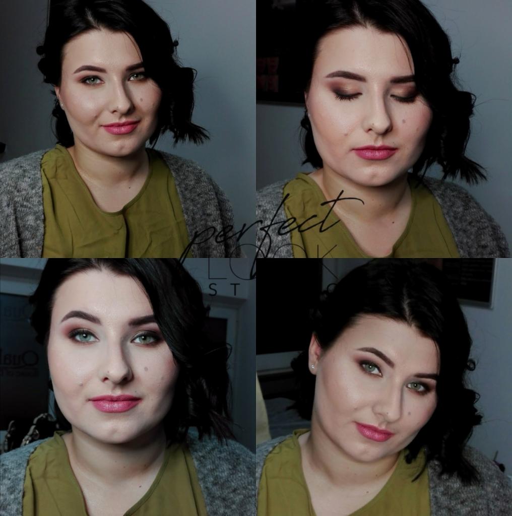 Kolaż czterech portretów kobiety z różnym ujęciem i oświetleniem twarzy, prezentujący efekt wykonanego upiększenia, z widocznym cieniem do powiek i pomadką na ustach.
