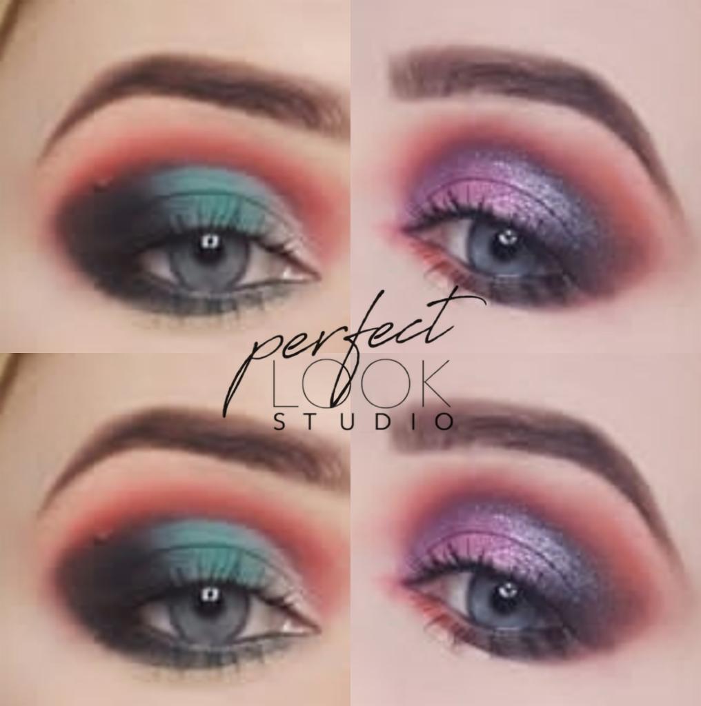 Kolaż czterech zbliżeń na oczy z intensywnym, kolorowym cieniowaniem powiek: turkusowo-pomarańczowy i fioletowo-różowy, z logo studia w centrum kadru.