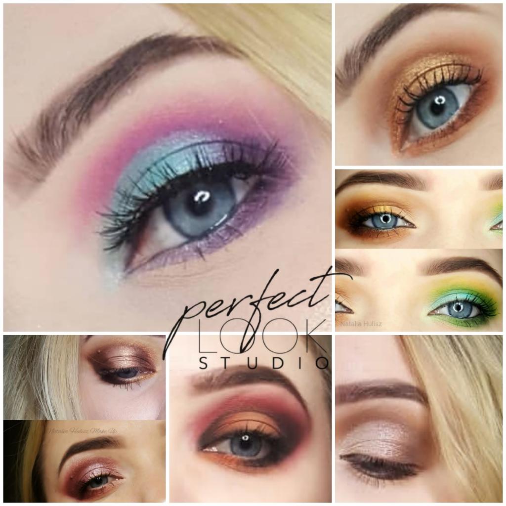 Kolaż przedstawiający różne style makijażu oczu, od pastelowych odcieni różu i błękitu po ciepłe brązy i złoto, z logo 'Perfect Look Studio' w centrum.
