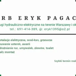 Wizytówka firmy URB Eryk Pagacz oferującej usługi hydrauliczno-elektryczne w Warszawie i okolicach, z numerem telefonu, adresem email i listą usług: instalacje elektryczne, wod-kan, grzewcze...