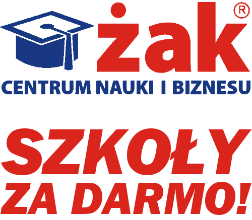 Logo 'Żak Centrum Nauki i Biznesu' z hasłem 'Szkoły Za Darmo!', czapka absolwenta w lewym górnym rogu.