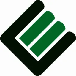 Abstrakcyjne logo: Czarny kwadrat z zaokrąglonymi rogami, wewnątrz dwa zielone, równoległe prostokąty z zaokrąglonymi końcami, całość na białym tle.