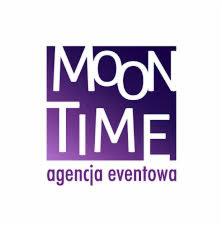 Logo firmy Moon Time z napisem 'agencja eventowa' na fioletowo-białym tle.