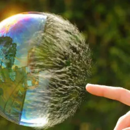 Palec dotyka tęczowej bańki mydlanej, która pęka, z odbiciem drzew i budynku w jej powierzchni.
