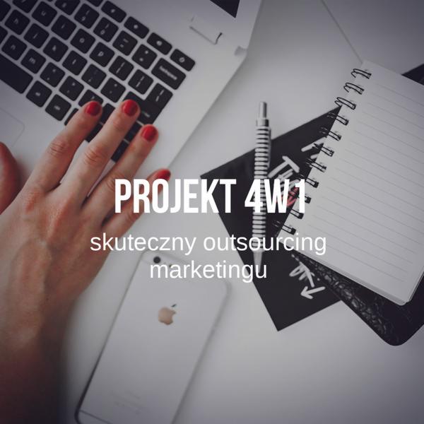 Kobieta z czerwonymi paznokciami pisze na laptopie, obok notatnik, długopis i telefon z logo Apple, nałożony tekst 'Projekt 4W1 skuteczny outsourcing marketingu'.