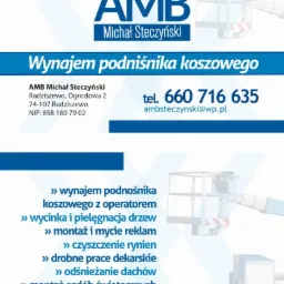 Reklama firmy AMB Michał Steczyński oferującej wynajem podnośnika koszowego, wycinkę i pielęgnację drzew, montaż reklam, czyszczenie rynien, prace dekarskie i odśnieżanie dachów.