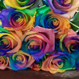 Bukiet tęczowych r&oacute;ż z wyraźnie widocznymi wielobarwnymi płatkami w odcieniach ż&oacute;łci, pomarańczy, r&oacute;żu, fioletu, zieleni i błękitu, ułożonych spiralnie.