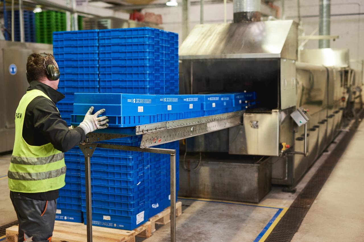 Pracownik w słuchawkach i kamizelce odblaskowej umieszcza niebieskie plastikowe skrzynki w przemysłowej myjni, obok stosy identycznych skrzynek na paletach.