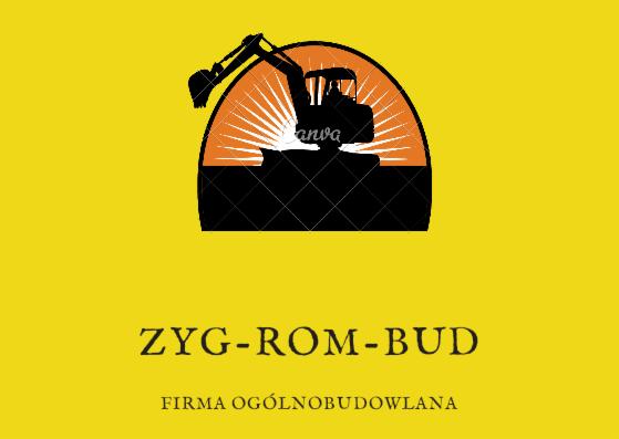 Logo firmy ZYG-ROM-BUD, firma ogólnobudowlana, z sylwetką koparki na tle stylizowanego słońca.