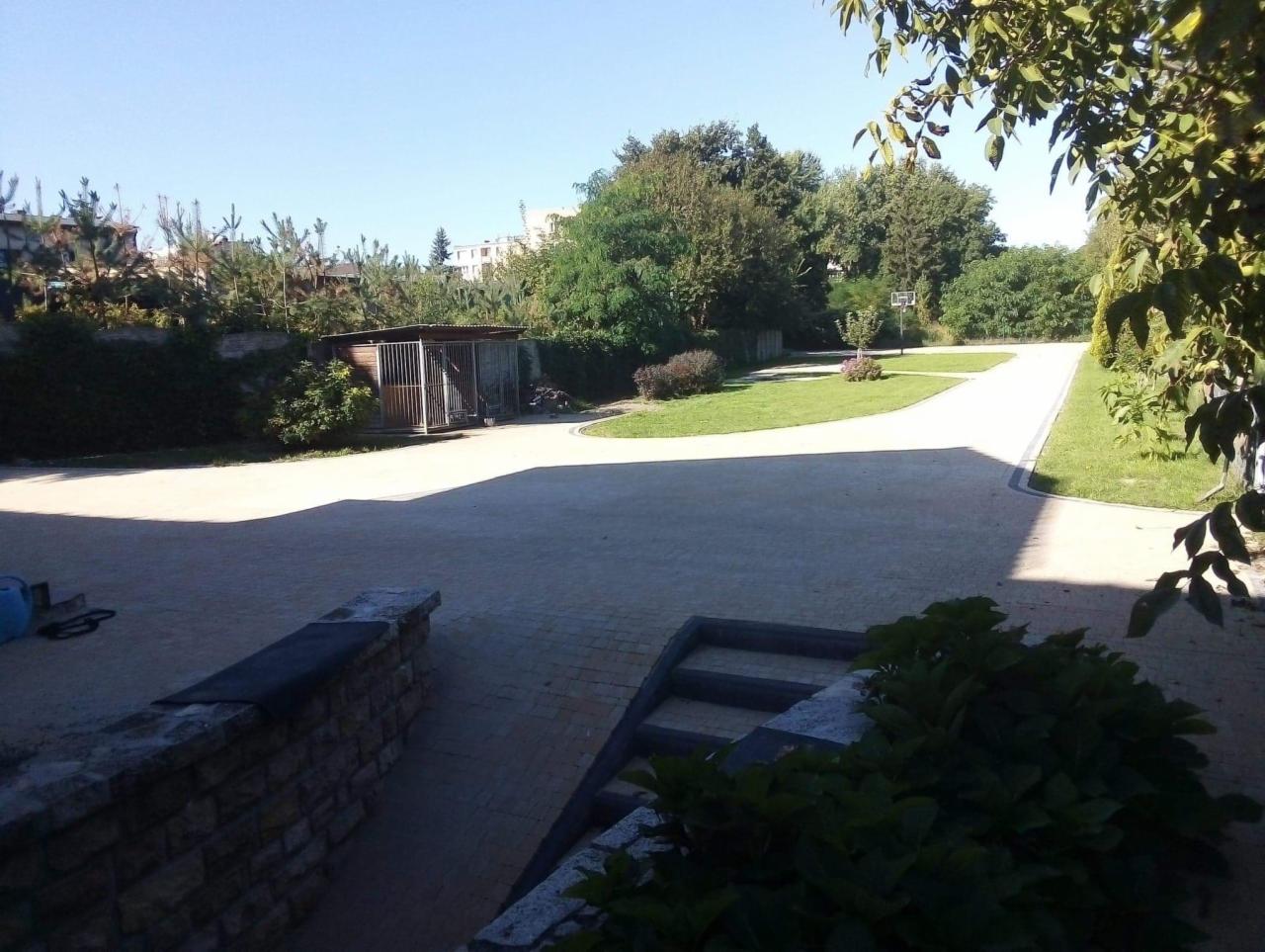 Szeroki, jasny podjazd z kostki brukowej w Oświęcimiu, prowadzący do ogrodu z widoczną klatką dla psa i koszem do koszykówki w tle.