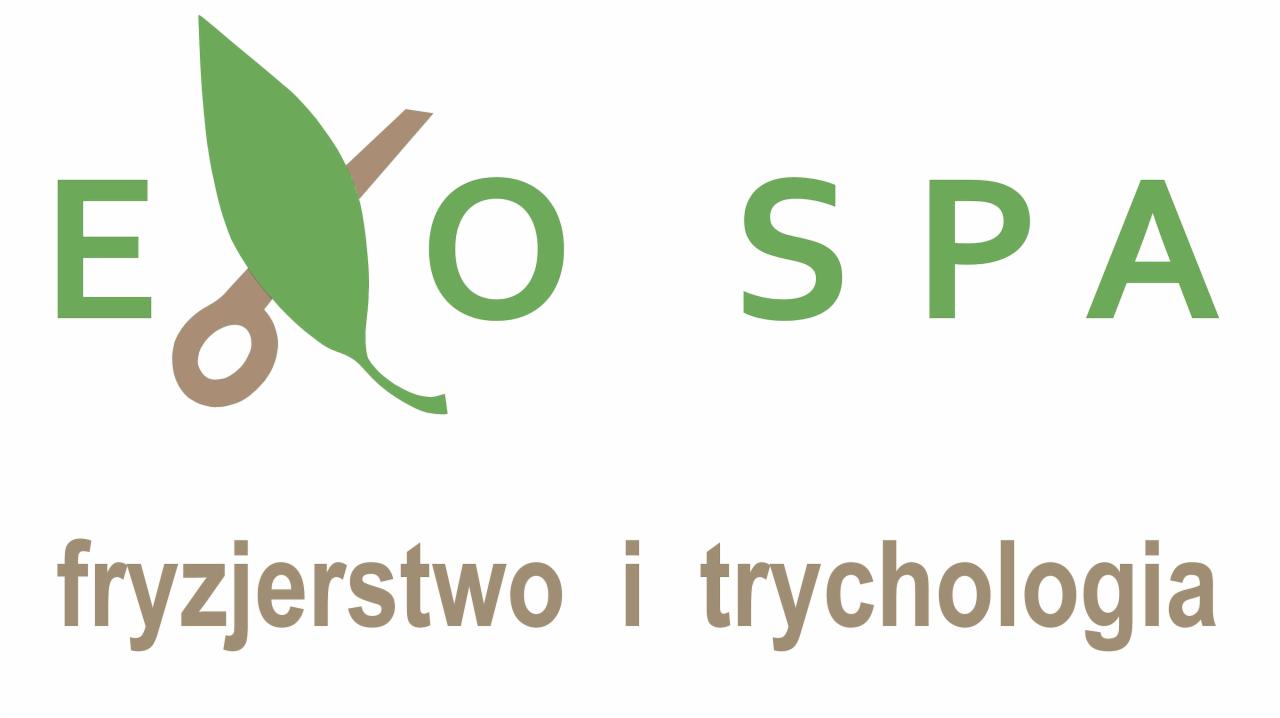 Logo firmy Exo Spa z zielonym liściem w kształcie nożyczek, oferującej usługi fryzjerskie i trychologiczne.
