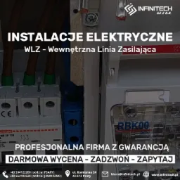 Tablica rozdzielcza z bezpiecznikami i przewodami, widoczne elementy instalacji elektrycznej z logo firmy Infinitech oraz hasłem 'Profesjonalna firma z gwarancją'
