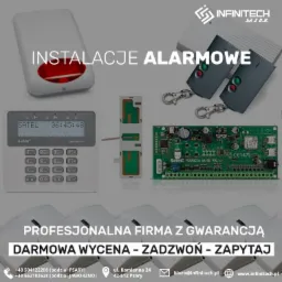 Zestaw elementów systemu alarmowego marki Satel, w tym centrala Perfecta, manipulator, czujki ruchu, sygnalizator, piloty i moduł komunikacyjny, prezentowane na jasnym tle z logo firmy Infinitech...