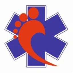 Grafika przedstawia stylizowaną czerwoną stopę z czterema okrągłymi elementami symbolizującymi palce, umieszczoną na tle niebieskiej gwiazdy z białym obramowaniem. Całość na białym tle.