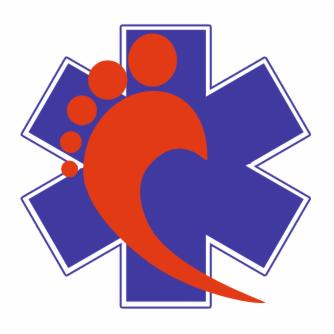 Grafika przedstawia stylizowaną czerwoną stopę z czterema okrągłymi elementami symbolizującymi palce, umieszczoną na tle niebieskiej gwiazdy z białym obramowaniem. Całość na białym tle.