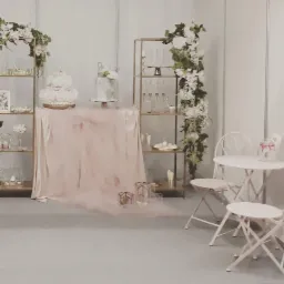 Dekoracja stołu z dwoma tortami, różowym obrusem, złotymi regałami z deserami, białymi kwiatami i białymi krzesłami, tworząca elegancką aranżację.