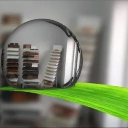 Prezentacja próbek wykończeniowych, prawdopodobnie parapetów, odbijająca się w kropli wody na zielonym tle.