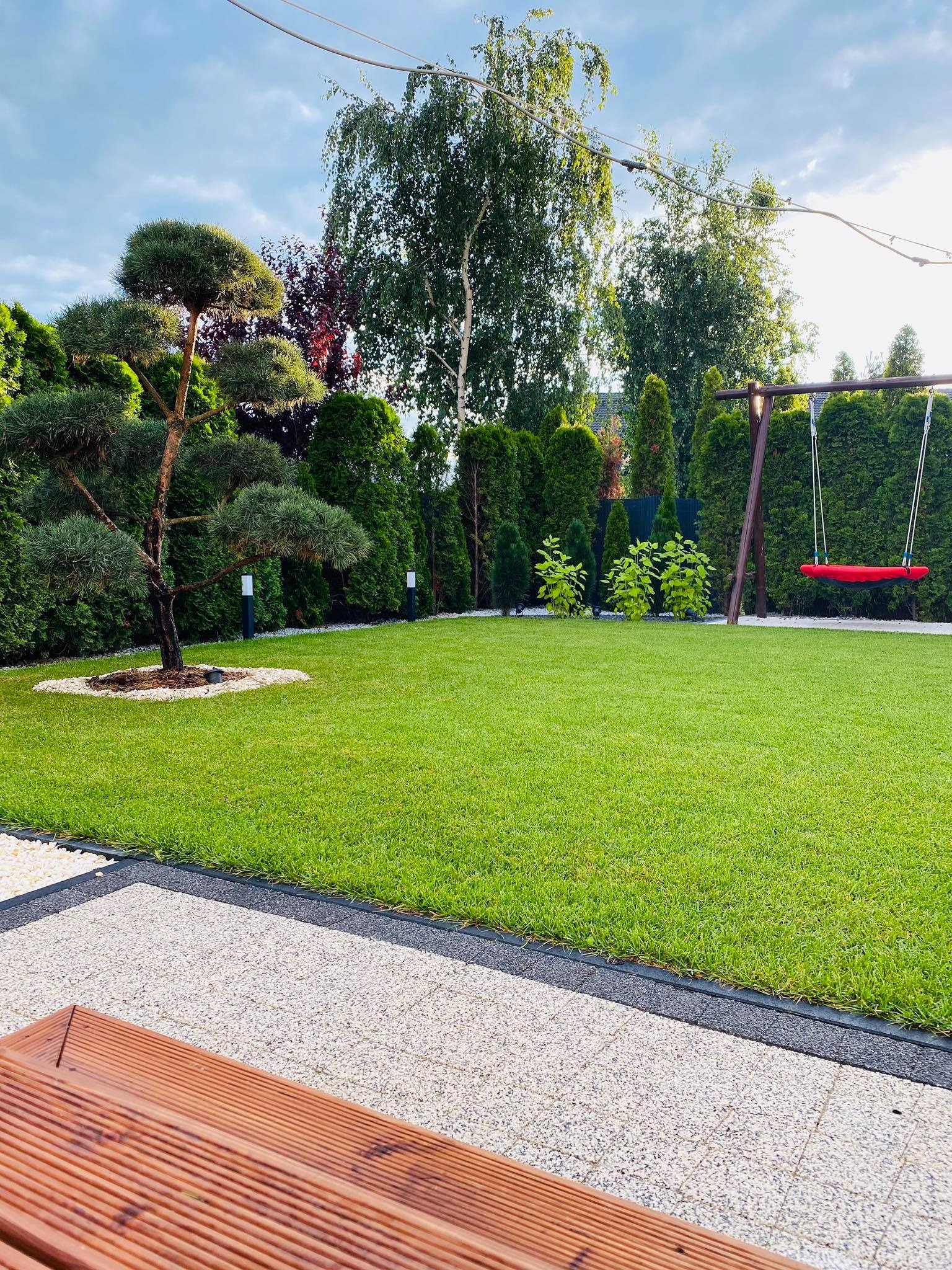 Zadbany ogród z równo przystrzyżonym trawnikiem, ozdobnym drzewkiem bonsai otoczonym białymi kamykami, tujami wzdłuż ogrodzenia i czerwoną huśtawką na tle zieleni.