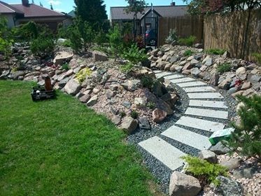 Ścieżka z płyt kamiennych wijąca się przez ogród skalny z różnorodną roślinnością, widok z perspektywy trawnika, w tle dom jednorodzinny i szklarnia.