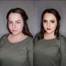 Dotyk Piękna - Justyna Rojek - Portret kobiety przed i po aplikacji intensywnego makijażu wieczorowego, z wyraźnie podkreślonymi czerwonymi ustami i ciemnym cieniem do powiek.
