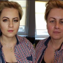 Dotyk Piękna - Justyna Rojek - Portret kobiety przed i po makijażu, widoczne różnice w konturowaniu twarzy, makijażu oczu i ust, zestawienie prezentuje efekt wykonanej usługi.