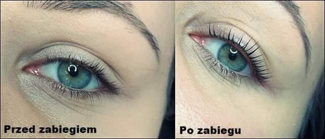 Porównanie rzęs przed i po zabiegu liftingu w Gostyninie, ukazujące wyraźne podkręcenie i wydłużenie.