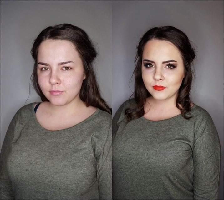Portret kobiety przed i po aplikacji intensywnego makijażu wieczorowego, z wyraźnie podkreślonymi czerwonymi ustami i ciemnym cieniem do powiek.