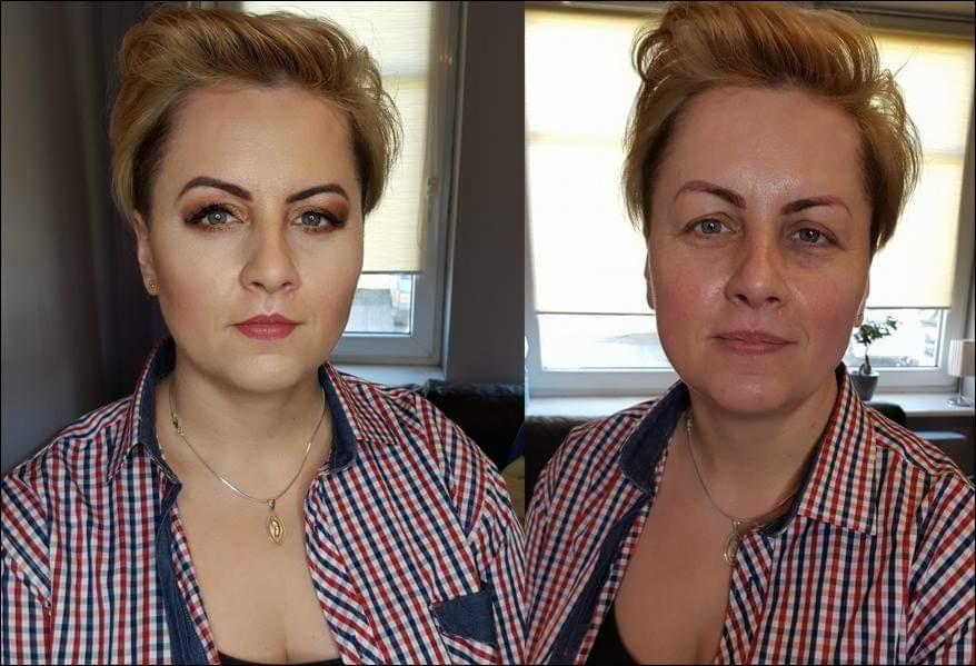 Portret kobiety przed i po makijażu, widoczne różnice w konturowaniu twarzy, makijażu oczu i ust, zestawienie prezentuje efekt wykonanej usługi.