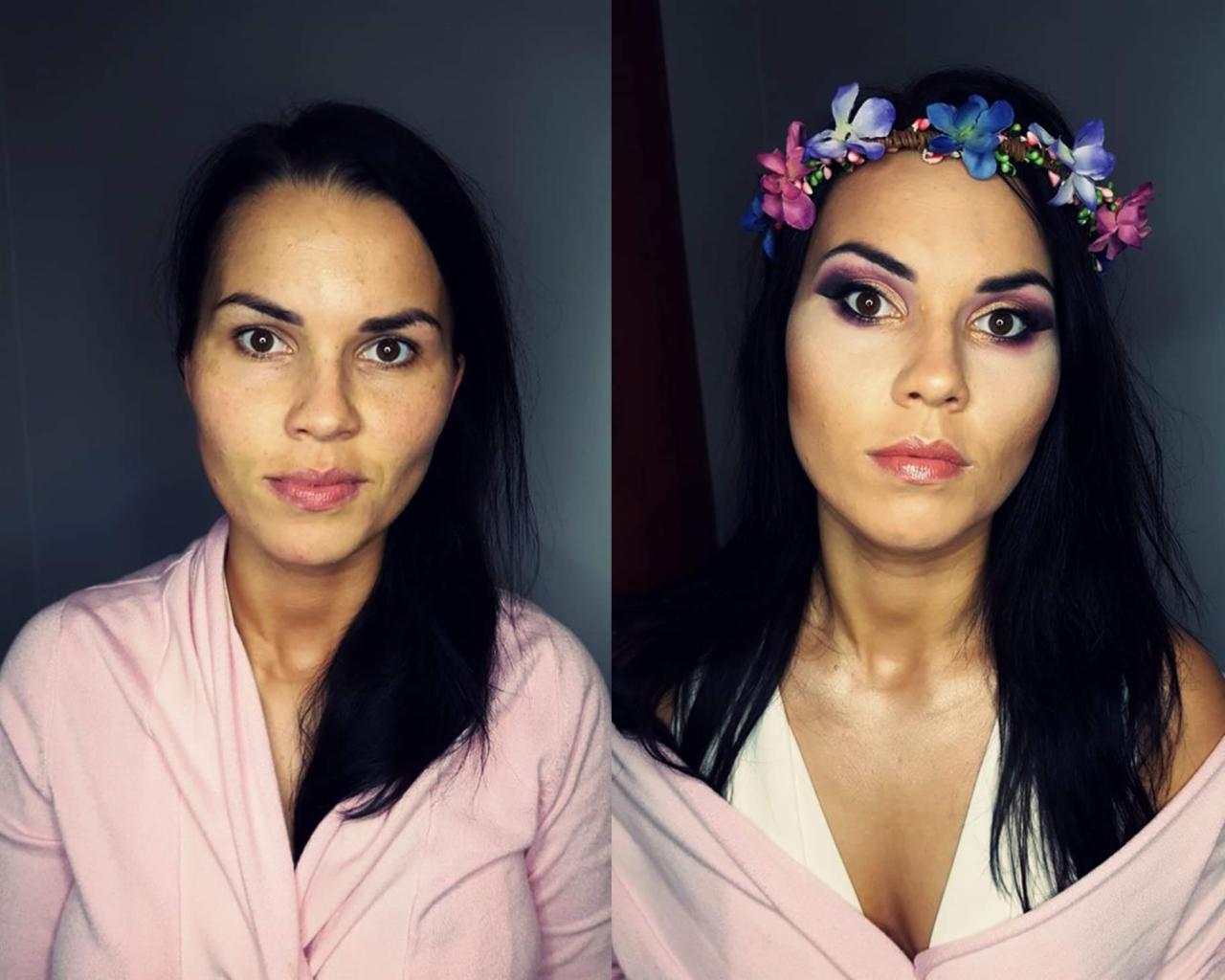 Portret kobiety przed i po wykonaniu makijażu, po lewej bez, po prawej z mocnym makijażem oczu w odcieniach fioletu i różu oraz kwiatowym wiankiem na głowie.