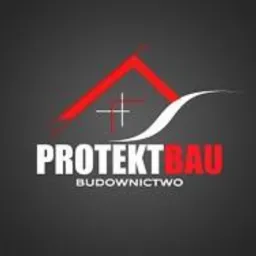 Logo firmy budowlanej ProtektBau: czerwony zarys domu z krzyżem w środku, biała fala, napis ProtektBau w dwóch kolorach (czarny i czerwony) oraz napis Budownictwo.
