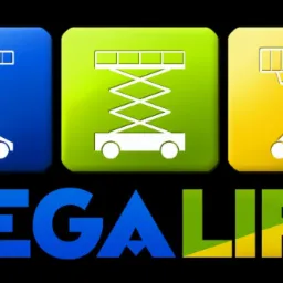 Grafika wektorowa przedstawiająca trzy rodzaje podnośników na kolorowych kwadratach (niebieski, zielony, żółty) z nazwą firmy 'MEGALIFT' pod nimi, na czarnym tle.