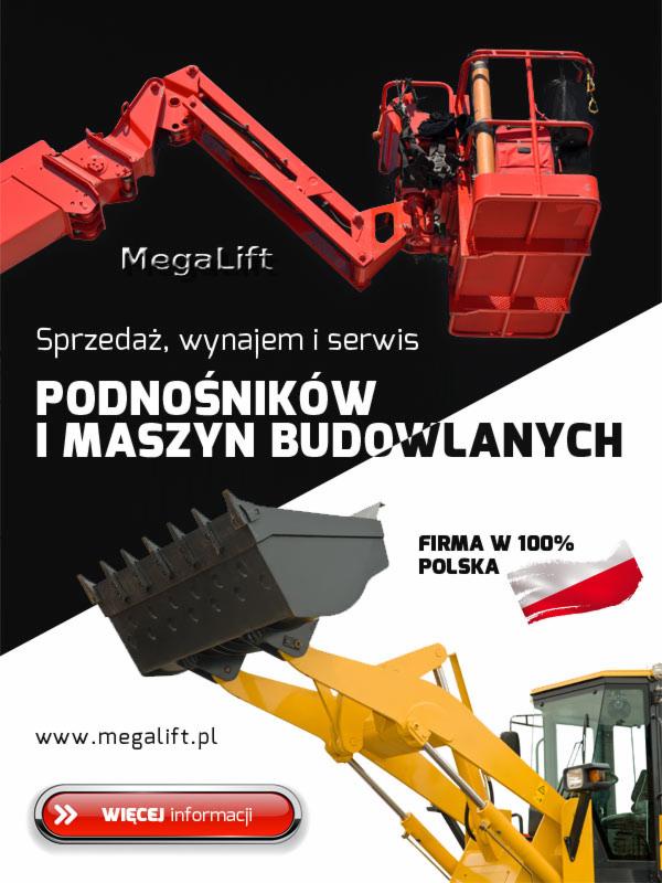 Grafika reklamowa firmy MegaLift prezentująca podnośnik koszowy w kolorze czerwonym oraz ładowarkę z łyżką w kolorze żółtym, na czarno-białym tle z informacjami o sprzedaży, wynajmie i serwisie...