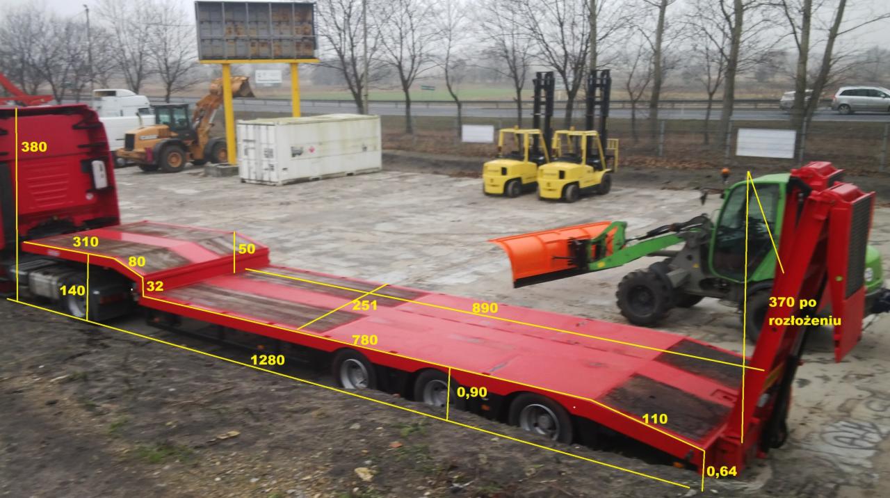 Czerwona naczepa niskopodwoziowa z wymiarami nałożonymi na zdjęcie, w tle maszyny budowlane: koparka, ładowarki widłowe i pług