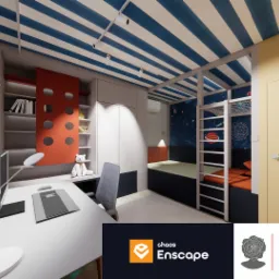 Wizualizacja pokoju dziecięcego z łóżkiem piętrowym, biurkiem i regałem. Sufit w biało-niebieskie pasy, ściana z motywem kosmosu. Nowoczesny design.