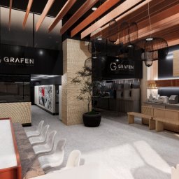 FOXX DESIGN SPÓŁKA Z OGRANICZONĄ ODPOWIEDZIALNOŚCIĄ - Wizualizacja wnętrza biura z logo Grafen, drewnianymi elementami dekoracyjnymi, nowoczesnym oświetleniem i siedzącą kobietą. Projekt w neutralnej kolorystyce.