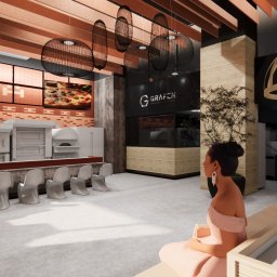 FOXX DESIGN SPÓŁKA Z OGRANICZONĄ ODPOWIEDZIALNOŚCIĄ - Wnętrze pizzerii z widoczną ladą, piecami i miejscami do siedzenia. Dekoracyjne lampy wiszące i wykończenie w odcieniach brązu tworzą ciepłą atmosferę. Wizualizacja 3D.