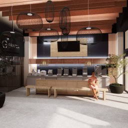 FOXX DESIGN SPÓŁKA Z OGRANICZONĄ ODPOWIEDZIALNOŚCIĄ - Wizualizacja wnętrza biura we Wrocławiu z drewnianymi panelami, designerskimi lampami i roślinami doniczkowymi. Kobieta siedzi na ławce, a w tle widoczny sprzęt biurowy.