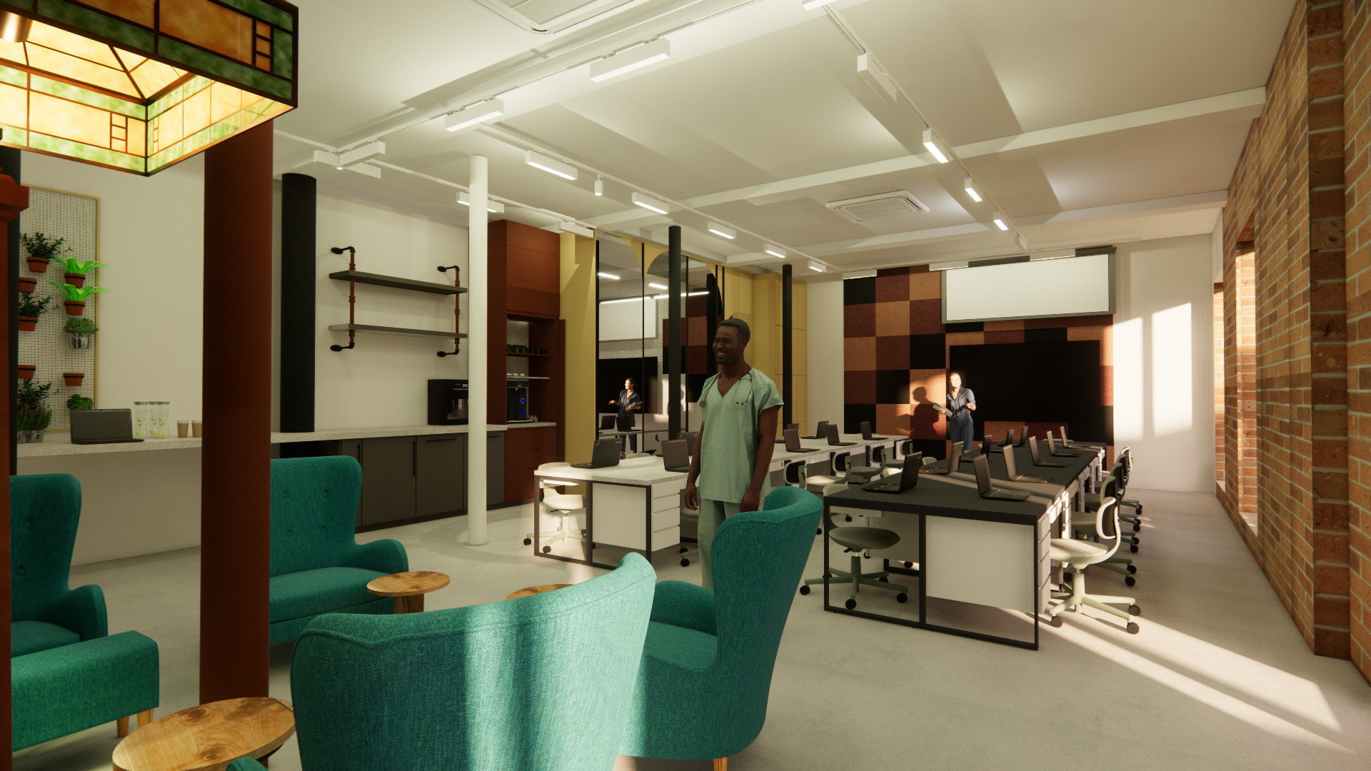 Wizualizacja nowoczesnego biura z elementami retro: lampa witrażowa, turkusowe fotele, ściana z cegły. Osoba w stroju medycznym w przestrzeni open space z biurkami i komputerami.