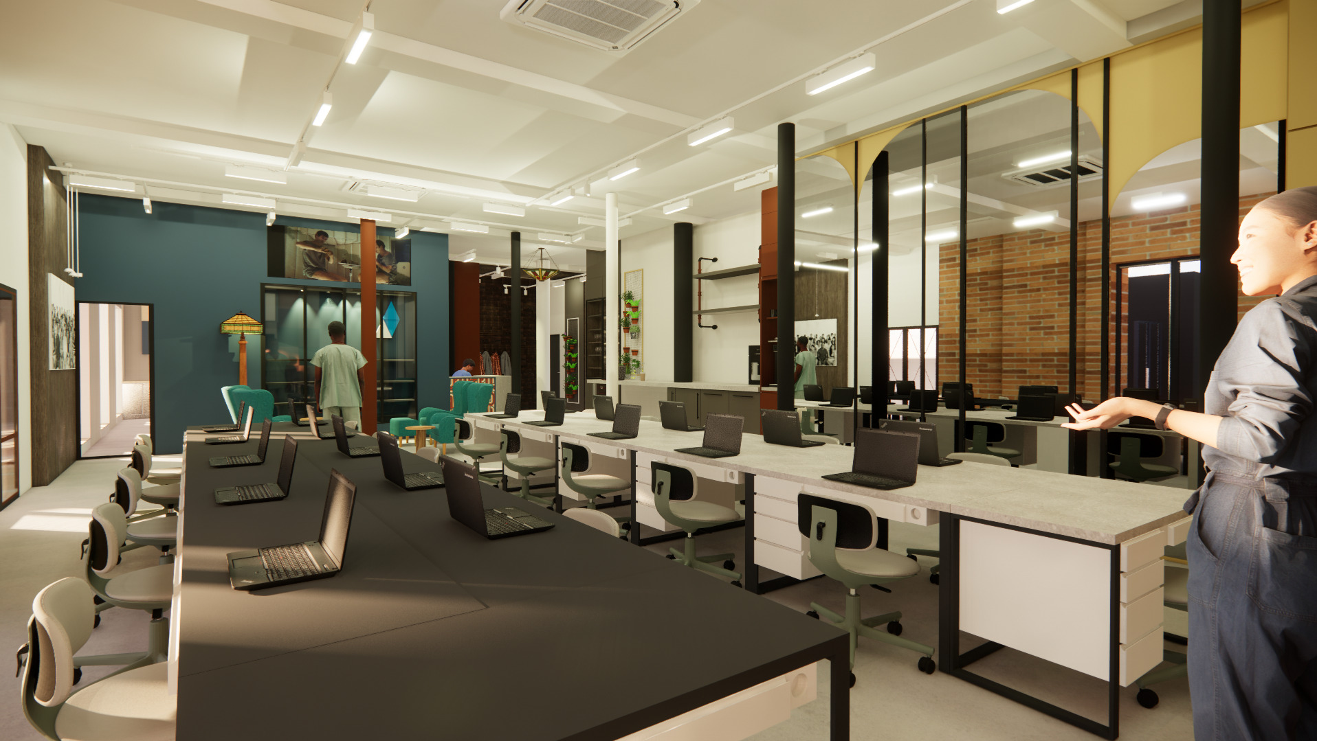 Wizualizacja nowoczesnej przestrzeni biurowej z rzędami biurek z laptopami, jasnym oświetleniem i ścianą z cegły w tle, z osobą w tle i osobą z przodu.