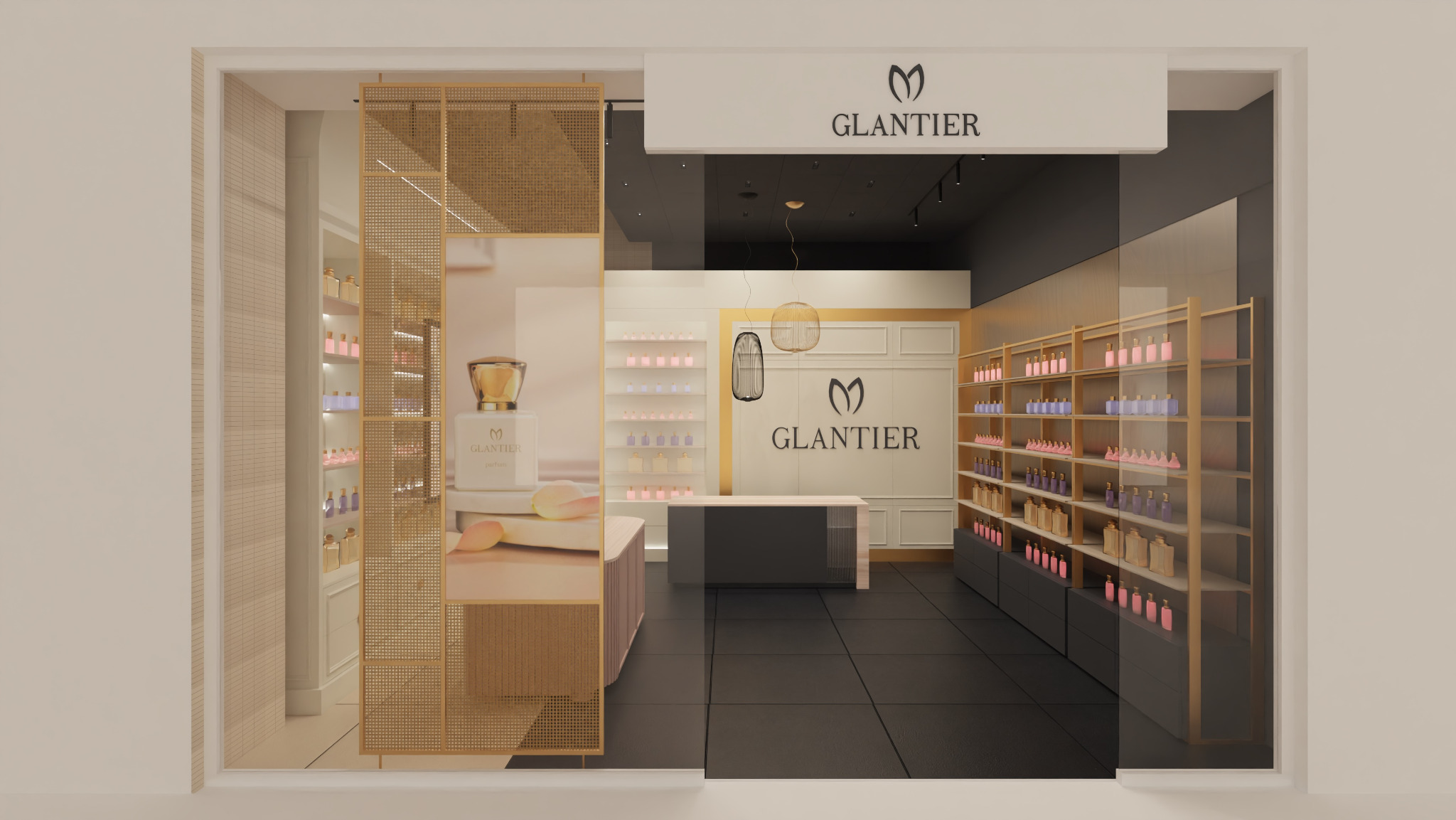 Wizualizacja butiku z perfumami marki Glantier, z półkami wypełnionymi flakonami, eleganckim oświetleniem i elementami dekoracyjnymi w kolorach beżu i złota.