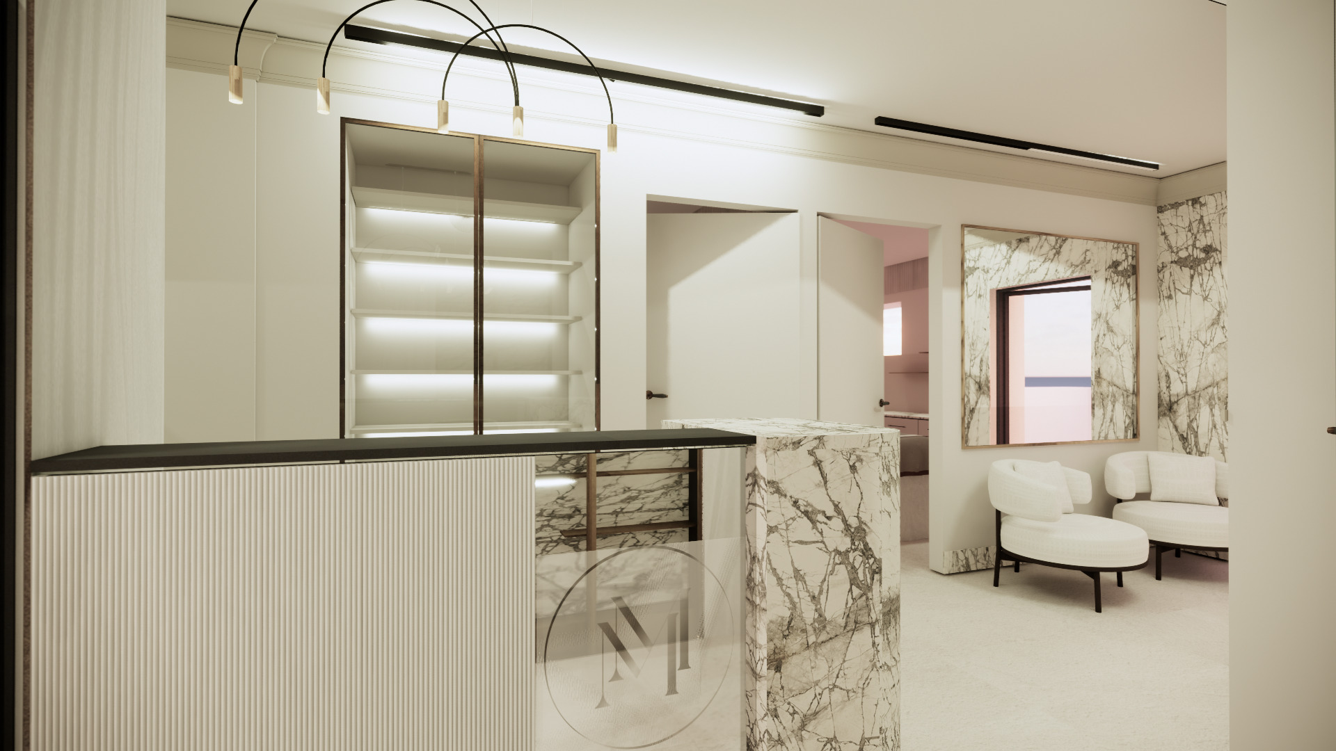 Recepcja biurowa z marmurowym blatem i ścianą, podświetlane półki z tyłu, nowoczesne oświetlenie łukowe, lustro w złotej ramie i białe fotele w tle.