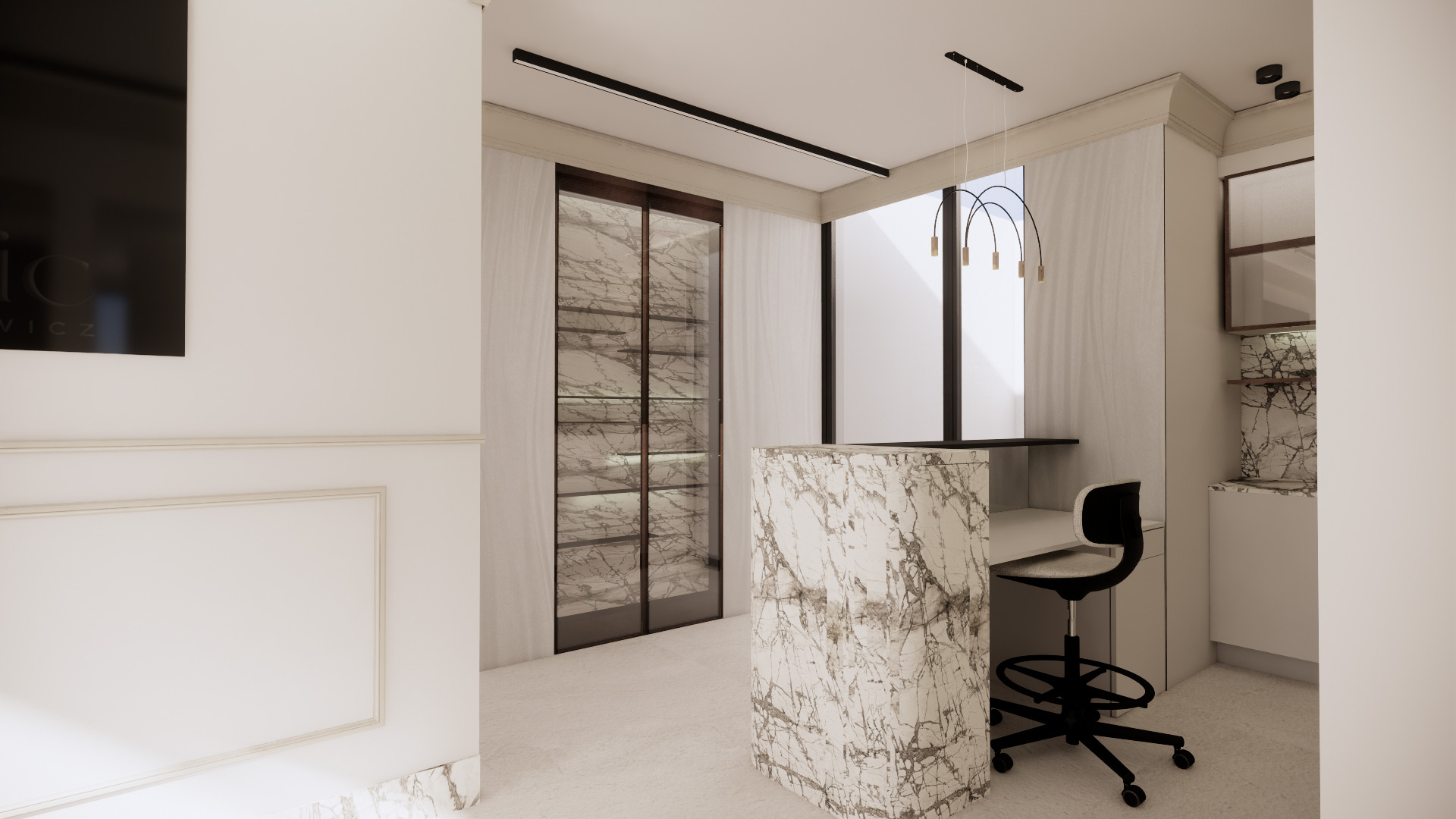 Eleganckie wnętrze biura z marmurową ladą recepcyjną i przeszkloną szafą na wino. Minimalistyczne oświetlenie, białe ściany z dekoracyjnymi panelami i nowoczesne krzesło biurowe.