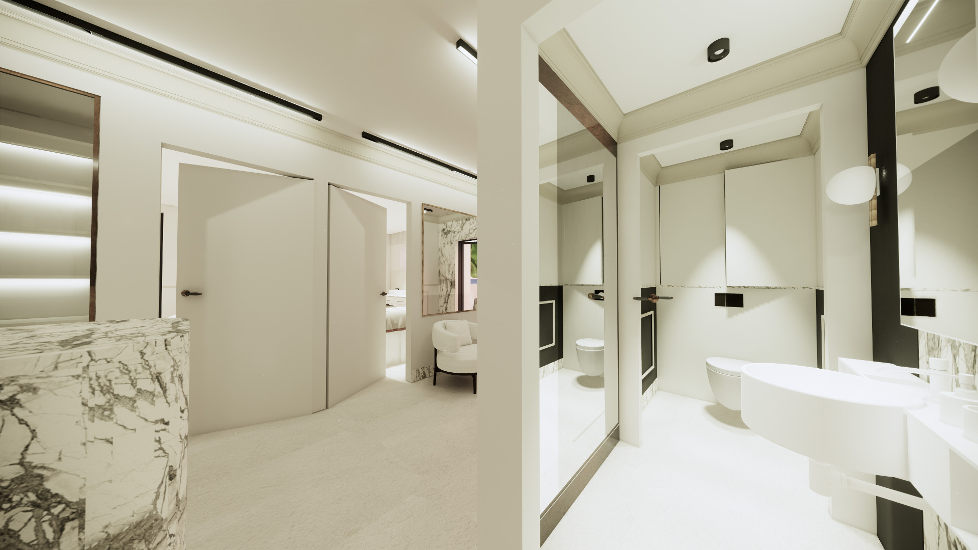 Wnętrze łazienki w minimalistycznym stylu z marmurową umywalką, białymi ścianami, oświetleniem punktowym i lustrem. Widok na pokój z białym fotelem.