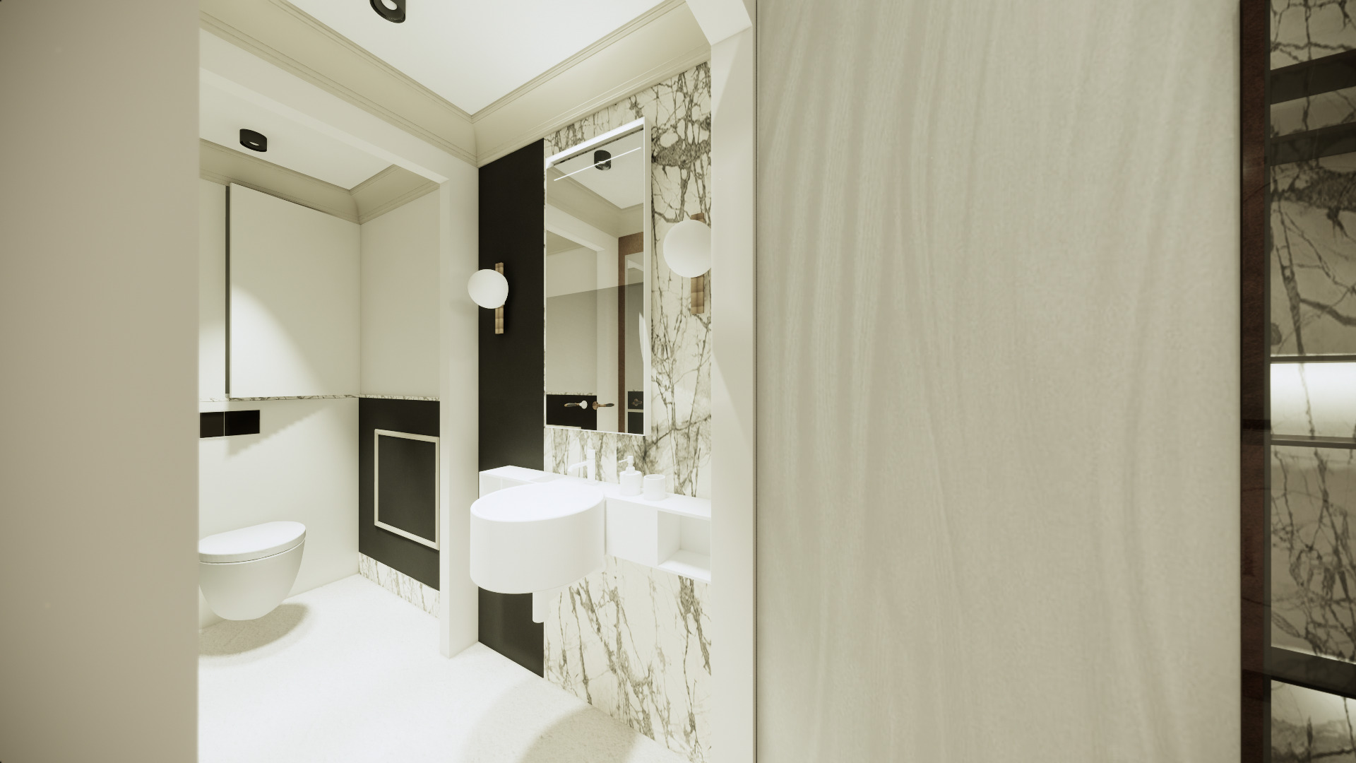 Nowoczesna łazienka z marmurowymi ścianami, okrągłą umywalką i designerskimi lampami. Minimalistyczny styl z akcentami czerni i bieli. Widoczne odbicie w lustrze.